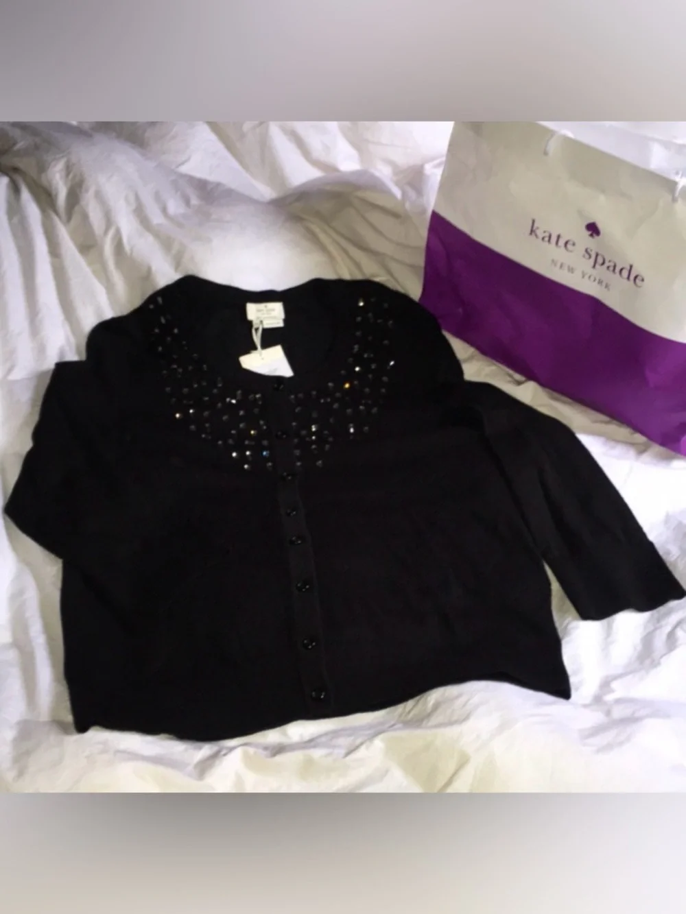 NEW kate spade size L Black Studded Tokyo Grid Crewneck Cardigan Jewel, Sparkle